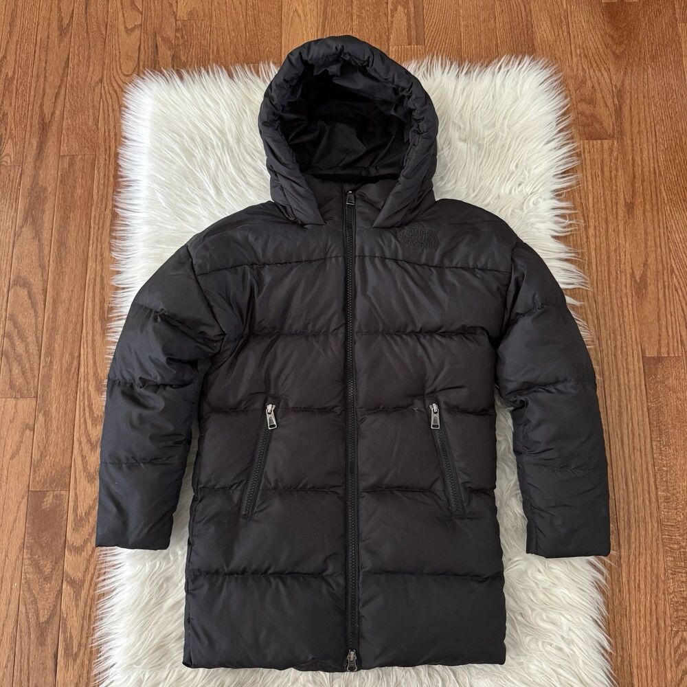 The North Face Girls 550 Down Insulated Puffer Coat Small 7/8 Black Long Parka